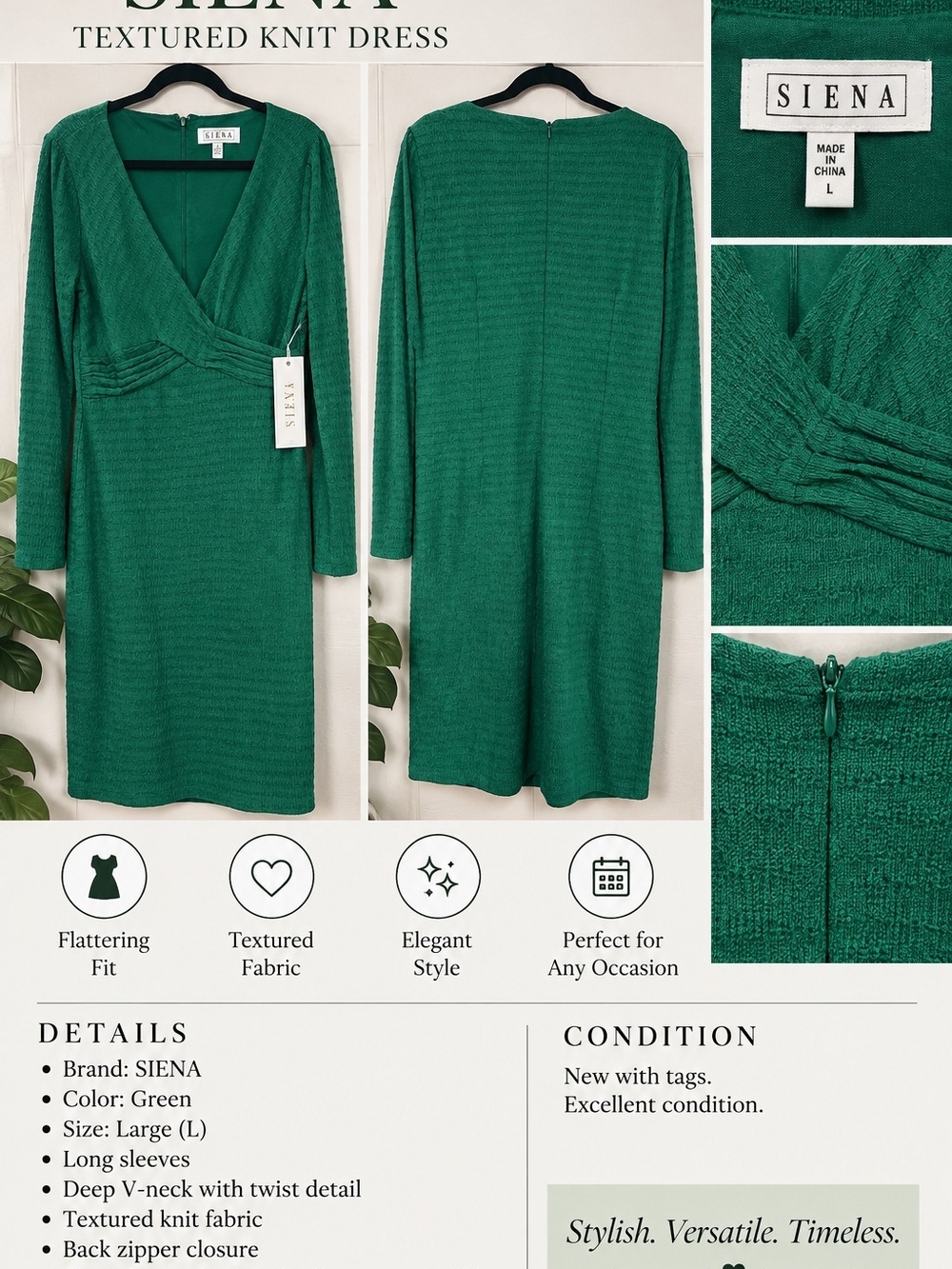 Green Textured Knit V-Neck Dress